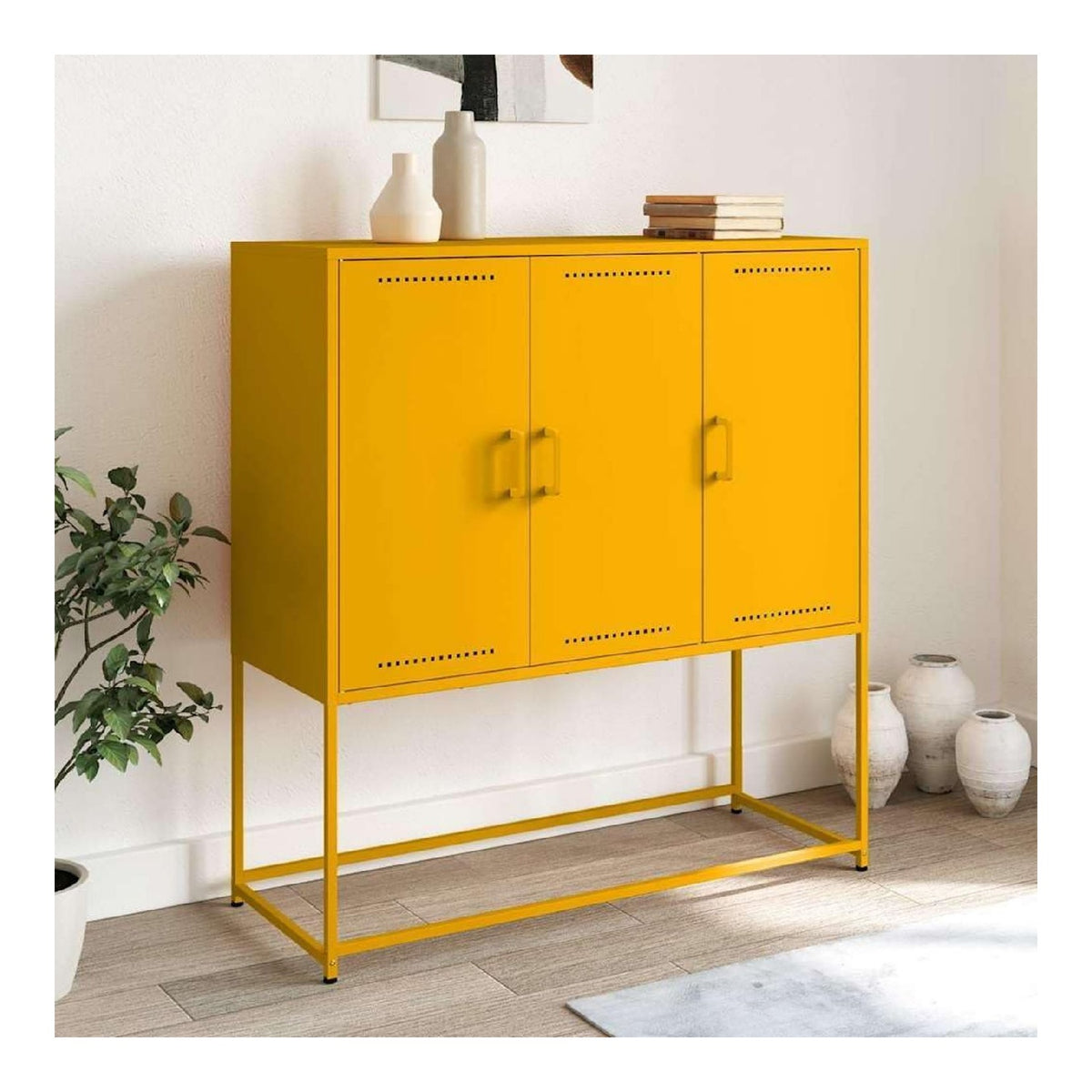 Highboard Senfgelb aus Stahl 100,5x39x107 cm, Sideboard Cabinet mit 6 Fachern, Kuchen- und Wohnzimmer Mobel, Buffet Cabinet mit Stauraum, praktisches Kitchen Storage Cabinet fur Dining Room