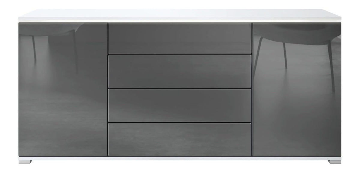 Sideboard Faro V2 - Kommode mit 2 Turen & 4 Schubladen, Schrank mit LED Lichtleiste, Wei matt/Grau Hochglanz (166,5 x 75,5 x 35)