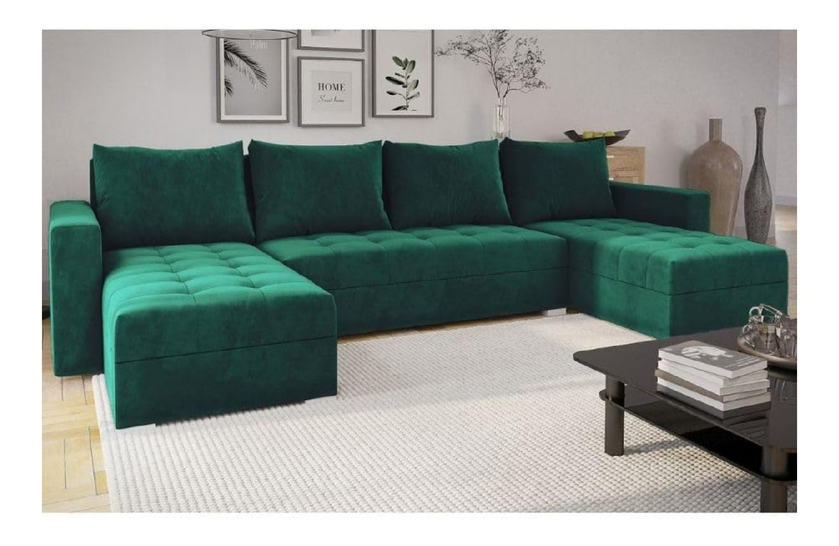 Ecksofa FORSET Velours U-Form Grun - 301x80x145 cm - Schlafsofa mit Schlaffunktion und Bettkasten - Eckcouch - Kissen - Stoff Manila 35