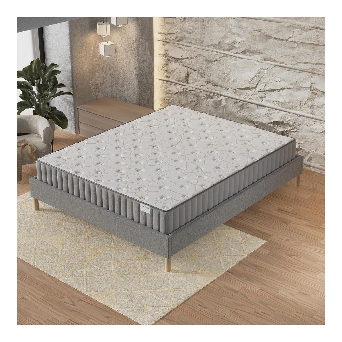 NOVEMBER - Matratzen-Set (180 x 200cm) - Matratze Orionis mit Memory-Schaum & hochdichtem Schaum, 16cm dick + stabiles & Robustes Holzuntergestell, Bezug aus grauem Stoff