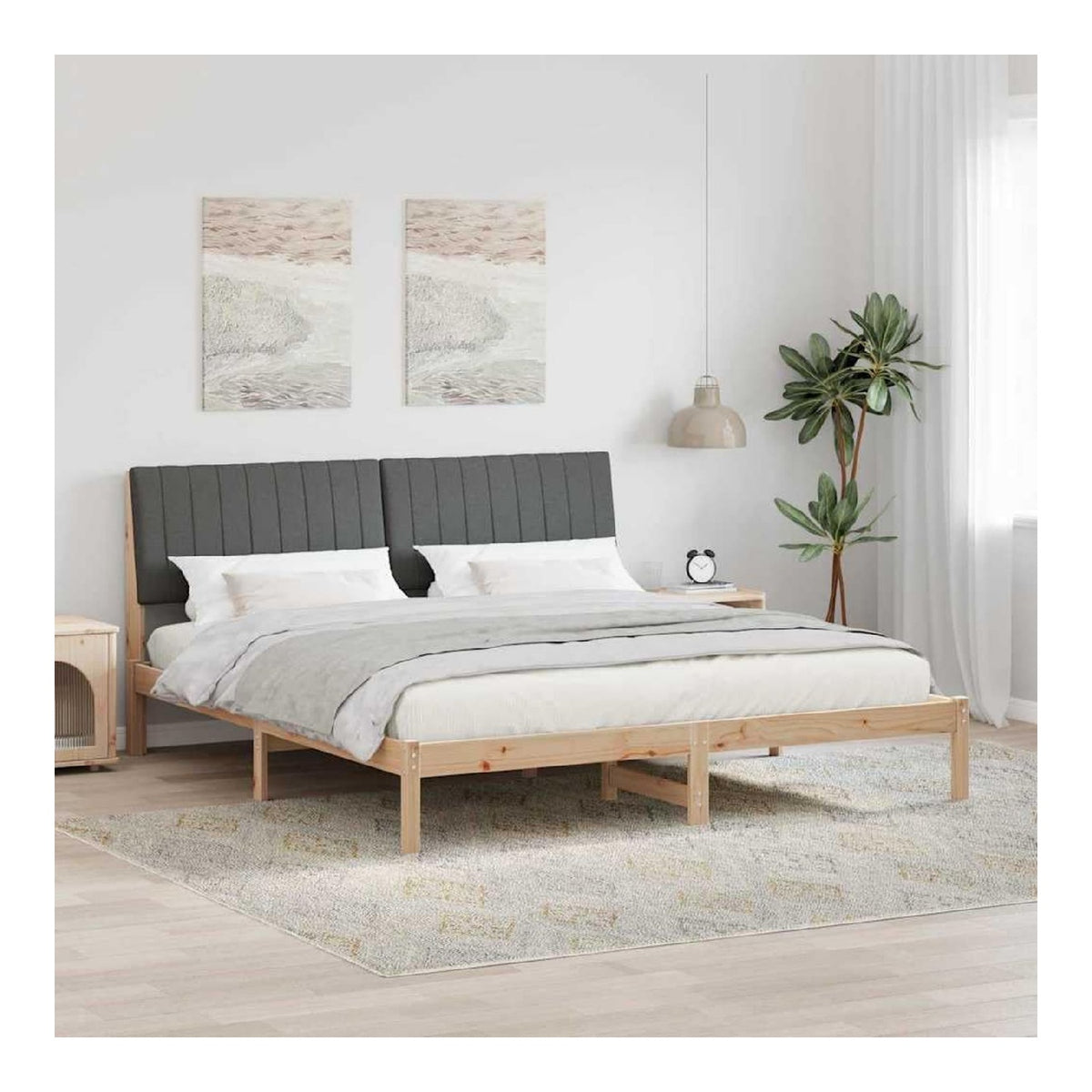 Bettrahmen Kiefer Massivholz Braun 180x200cm, gepolstertes Kopfteil, robuste Plattform fur Super King Size Matratze, langlebiges Schlafzimmermobel fur 2 Personen
