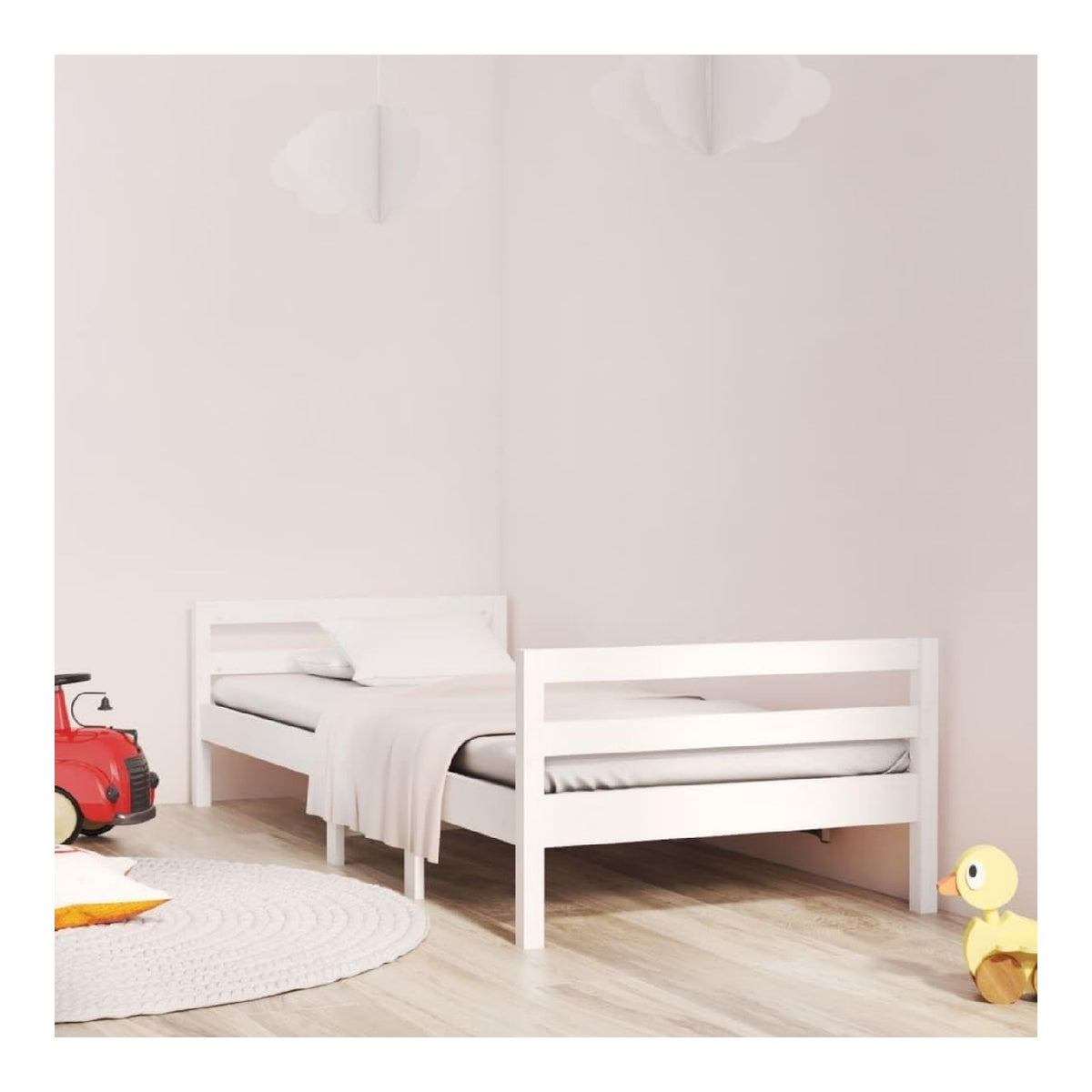 Wei es Massivholzbett 90x200 cm, Kiefernholz, Robustes Bettgestell, Lattenrost, bequemes Kopfteil, Schlafzimmermobel, Elegantes Design