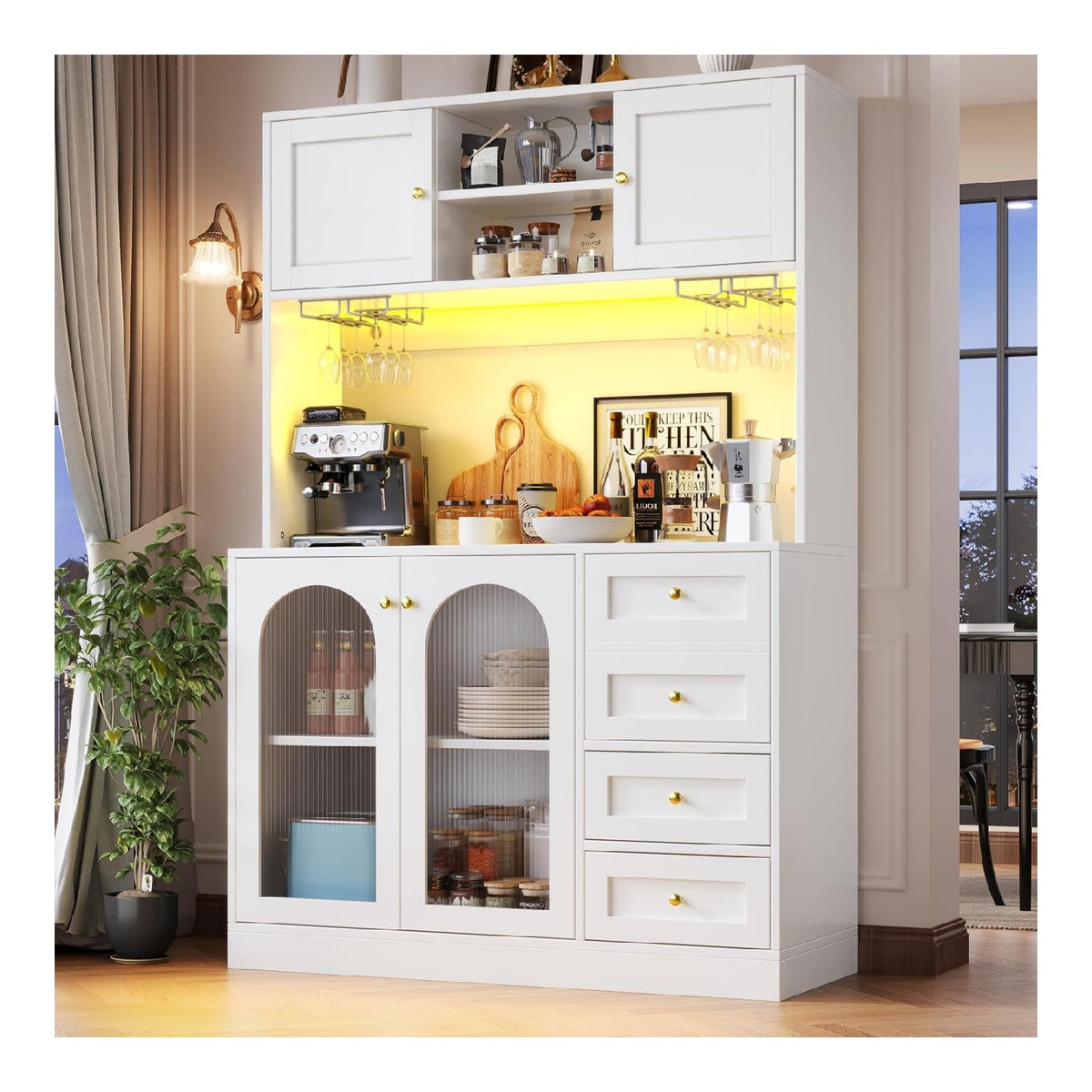188cm kuchenschrank mit LED-Licht & Glastur, Buffetschrank Sideboard fur Kuche mit Arbeitsplatten, Schublade, Mehrere Regalboden, Weinglasregal, Platzsparend Hochschrank Kuchenbuffet, Wei