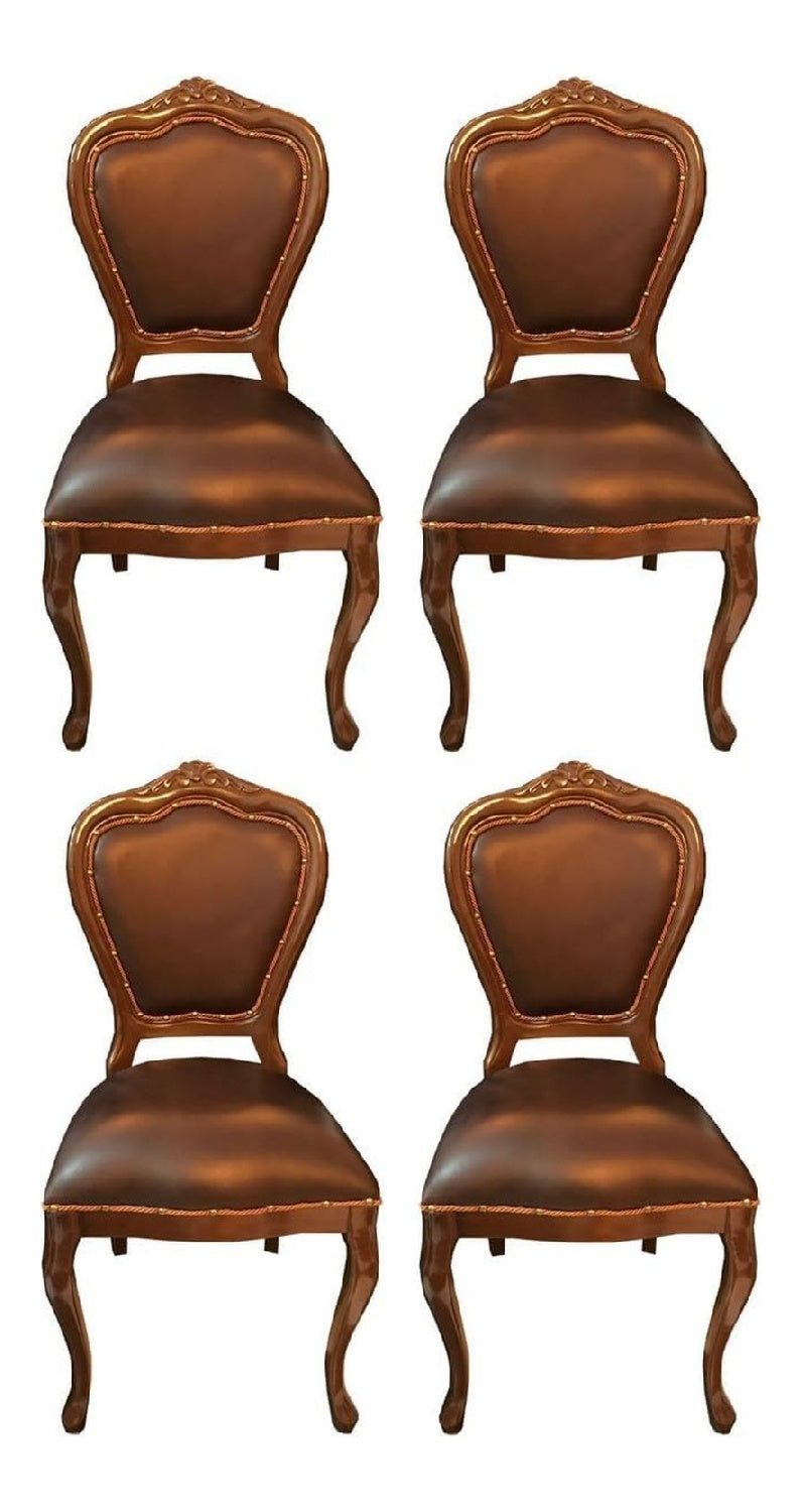 Luxus Barock Esszimmer Set Braun/Braun 45 x 47 x H. 99 cm - 4 handgefertigte Massivholz Esszimmerstuhle mit Echtleder - Barock Esszimmermobel