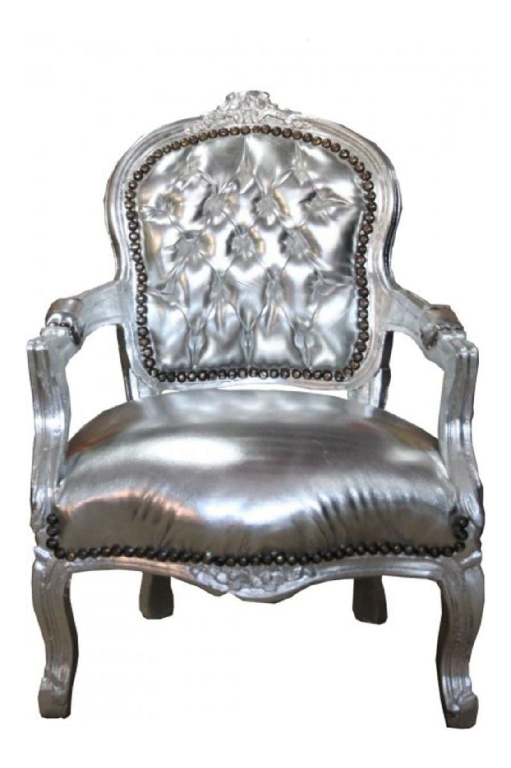 Barock Kinder Stuhl Silber Lederoptik/Silber - Armlehnstuhl