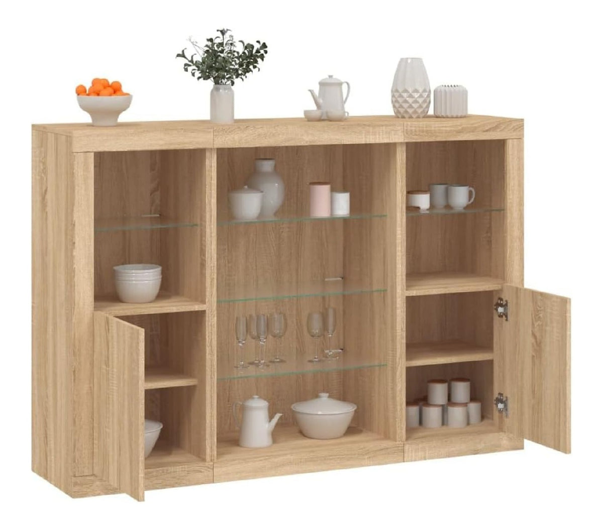 Sideboards mit LED-Leuchten 3 STK., Sonoma-Eiche Holzwerkstoff, Moderne Buffets mit verstellbaren RGB-LEDs und viel Stauraum fur Zeitschriften und Dekoration.