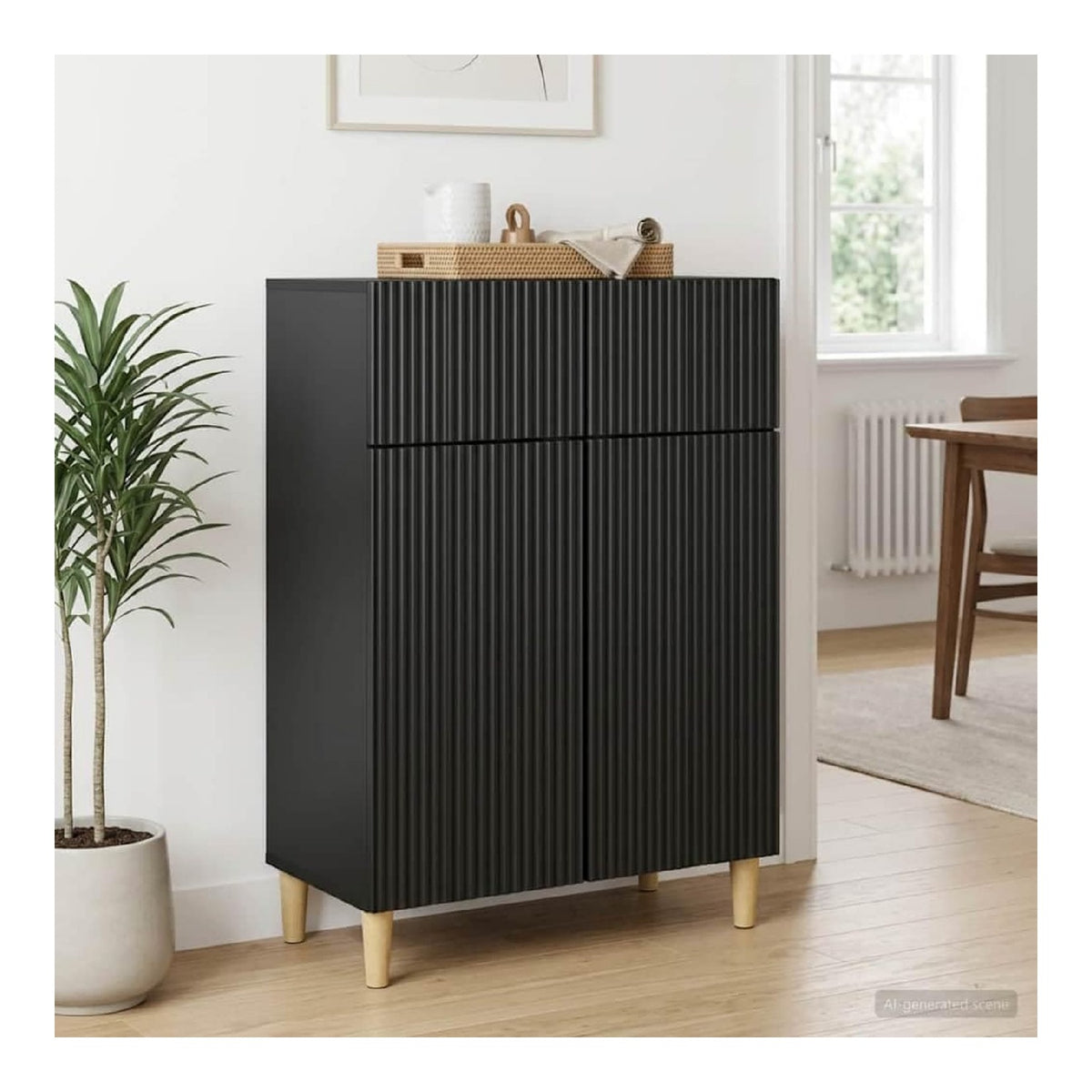 Sideboard Schwarz 66 x 34,5 x 90 cm Holzwerkstoff mit Schublade und Schwenkturen fur Wohnzimmer, Flur, Kuche, vielseitig nutzbar, Vintage Design, stabile Konstruktion, einfache Montage