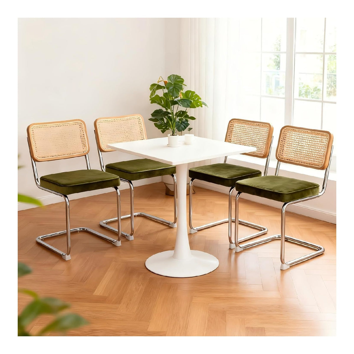 4er Set Esszimmerstuhle Samt Rattan Chrombeine Mid-Century