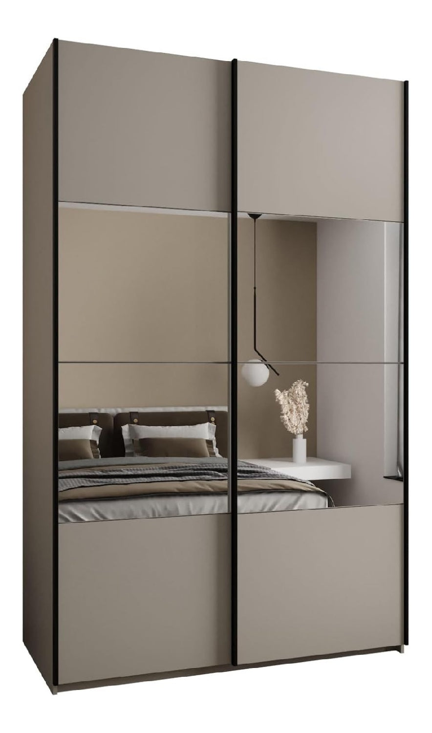 MEBLE KRYSPOL LUX 4 Schrank mit 2 Schiebeturen mit elegantem Spiegel in der Mitte der Front - Gerauschloses Schlie en - System HETTICH Topline L - 245,5x150x64cm - Kaschmir, Kaschmir, Schwarz