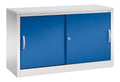 DENIOS C+P Schiebeturenschrank Acurado, als Sideboard, 1200 x 400 x 720 mm, lichtgrau/enzianblau