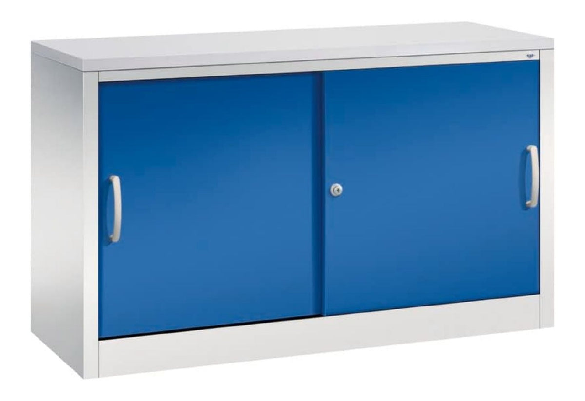 DENIOS C+P Schiebeturenschrank Acurado, als Sideboard, 1200 x 400 x 720 mm, lichtgrau/enzianblau