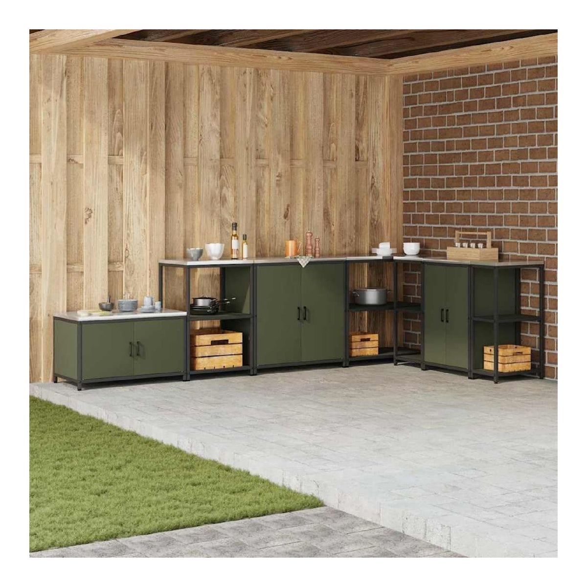 Kuchenaufbewahrung Olive Grun, 90x50x53 cm Stahlregal mit Brett-Regalen, Langlebiger Vorratsschrank, Modernes Buffet fur Kuchen Stauraum, Einfache Montage