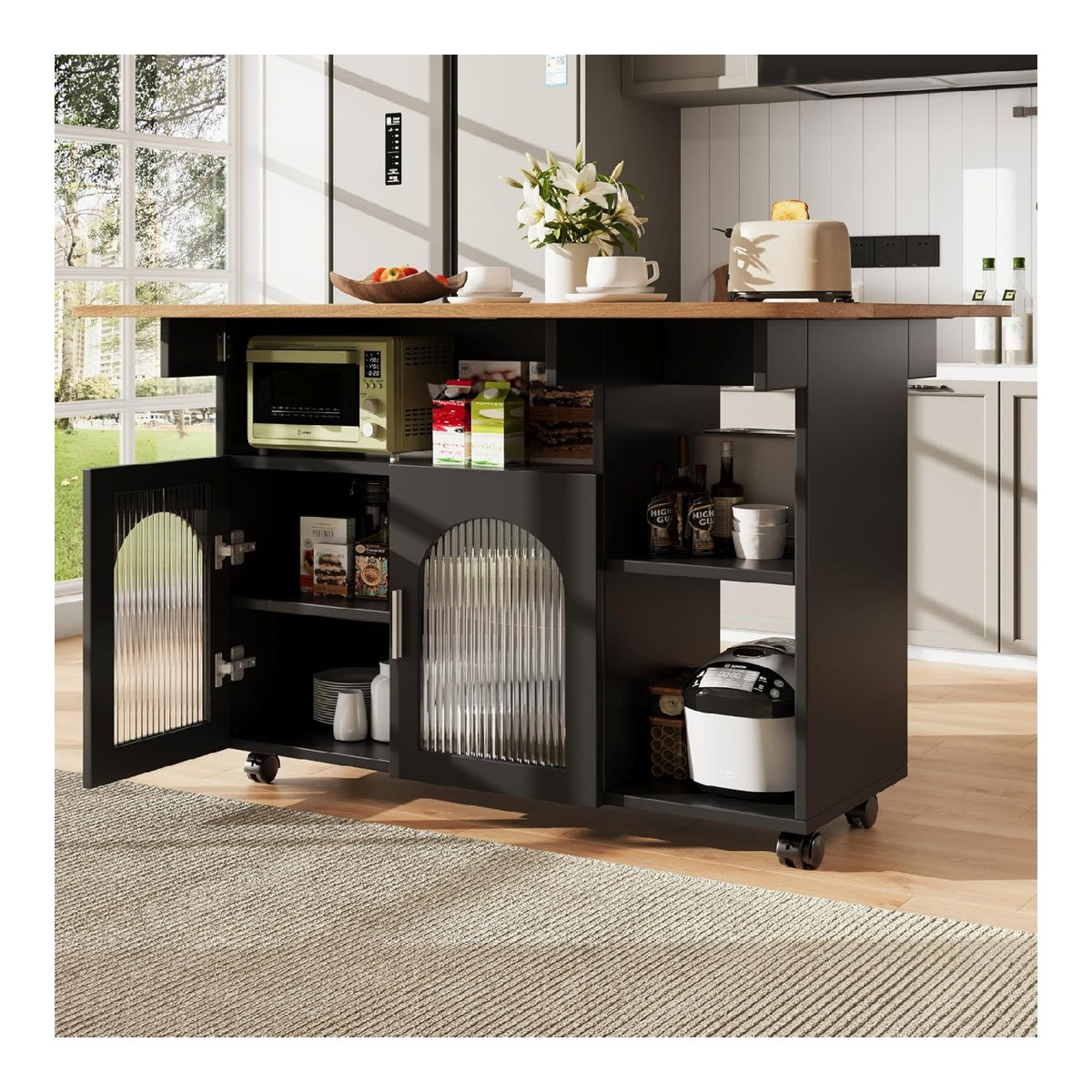 YESGIGA Kucheninsel,Modernes Kuchensiland, Kuchenschrank, Abnehmbare Servierwagen buffetschrank, Speisewagen mit Holzmaserung, buffetschrank, Multifunktionale Esstisch mit Speicherraum (Schwarz)