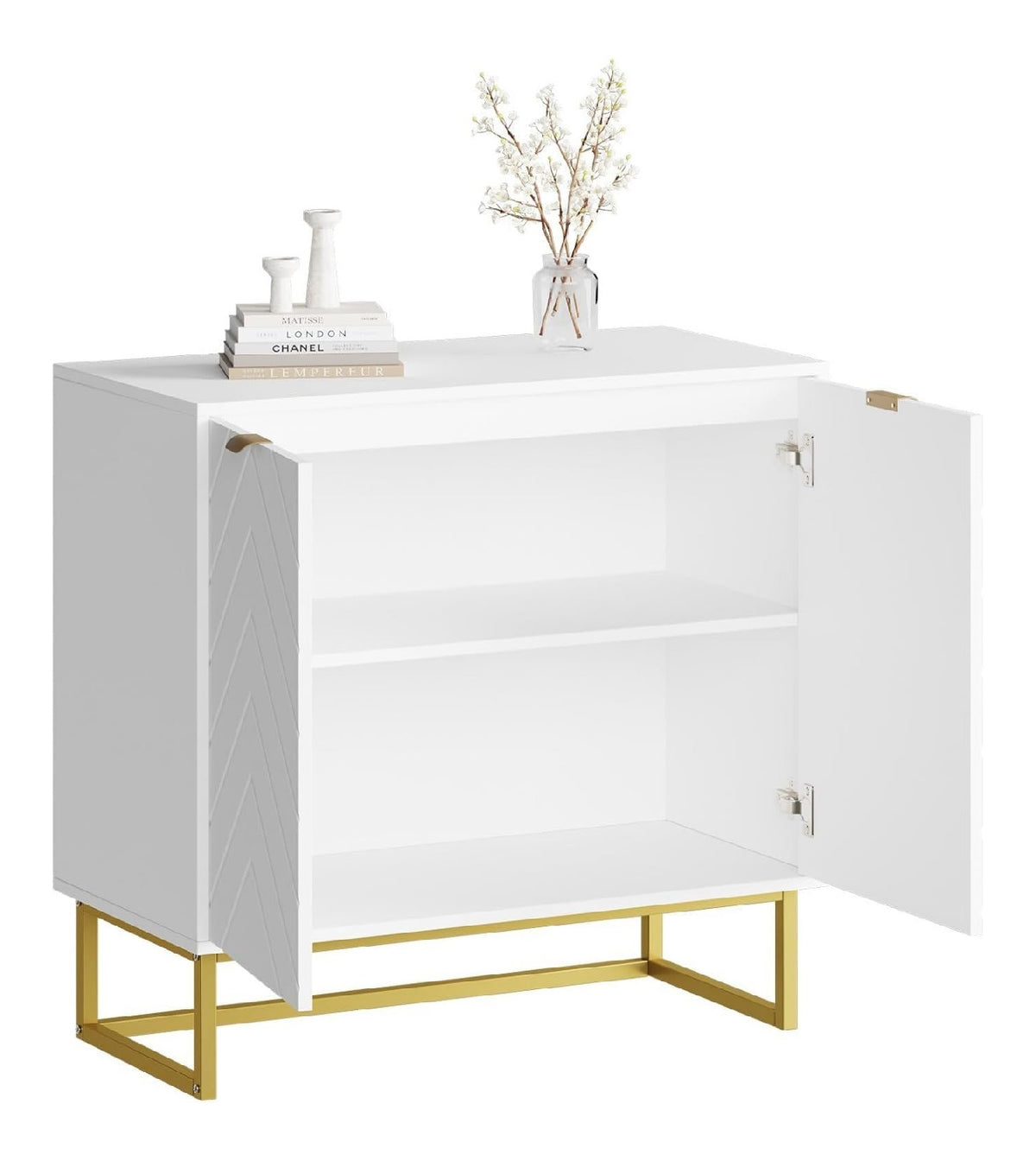 Modernes Sideboard 80 cm - Holz Kommode mit Fischgraten-Turen & Regal, Buffet- und Aufbewahrungsschrank fur Wohnzimmer, Esszimmer oder Flur - Doppeltur - Wei