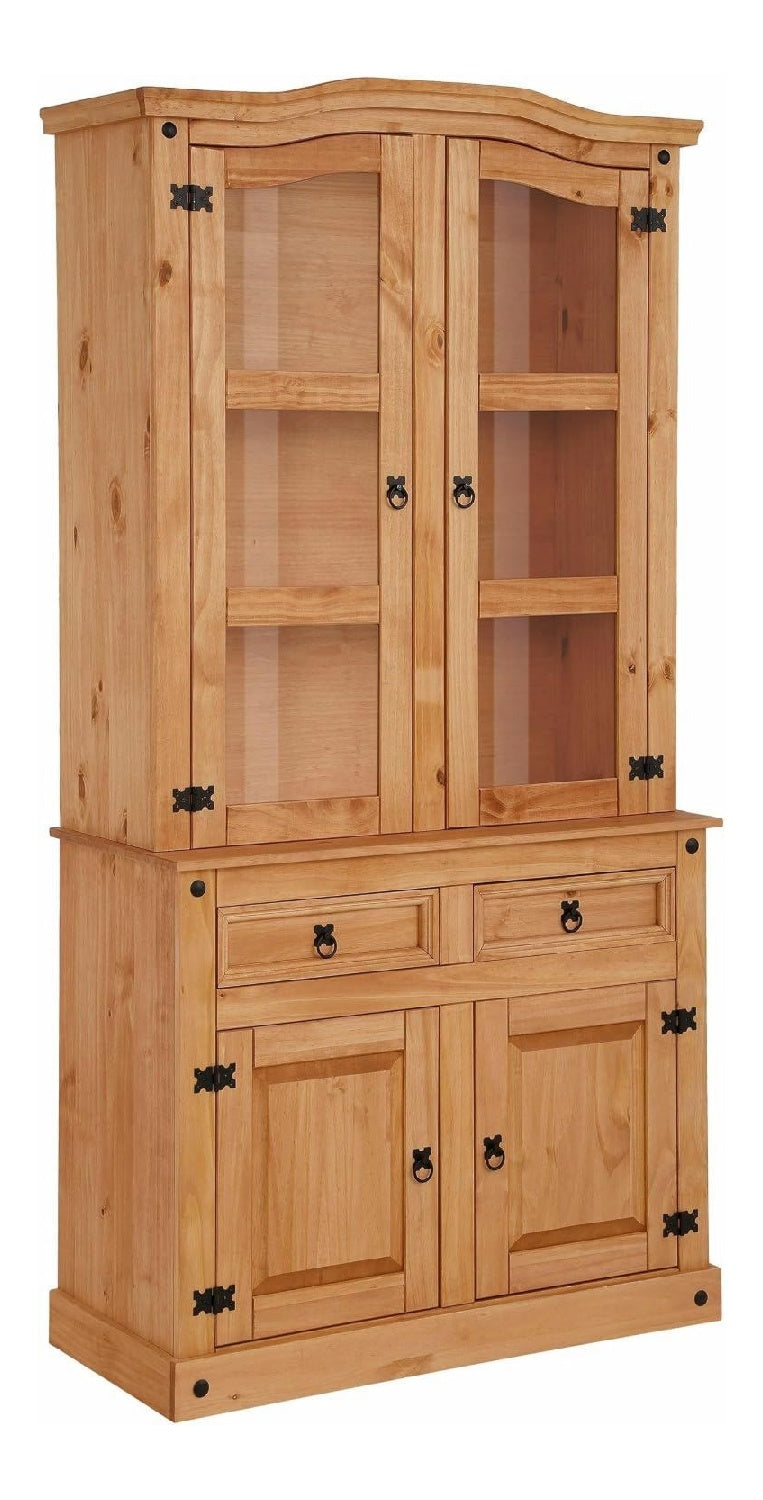 Mexico Buffet Hellbraun Gewachst, 104 x 36 x 196 cm, Massivholz Vitrinenschrank mit viel Stauraum, Landhaus Buffetschrank aus FSC-zertifiziertem Kiefernholz mit Metallgriffen