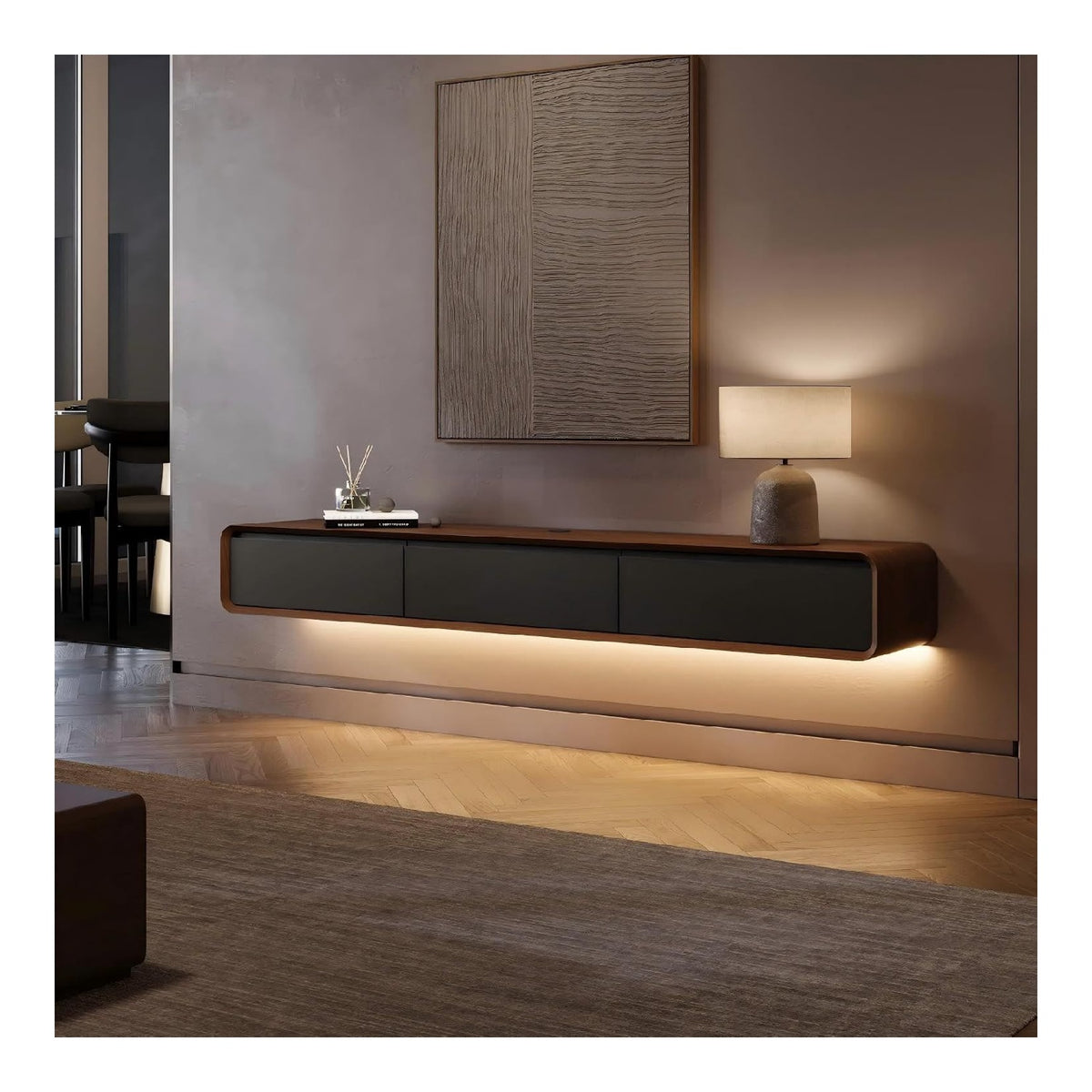 POVISON TV Schrank Schwebend 200cm mit LED Modern Schwarz & Walnussholz