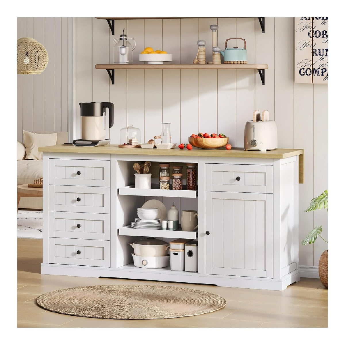 Kucheninsel Wei mit Klappbarer Erweiterungsplatte Sideboard mit 5 Schubladen 150cm Buffet-Schrank mit 2 Ausziehboden Anrichte mit Gummiholz-Furnier Landhaus Kommode fur Esszimmer Flur