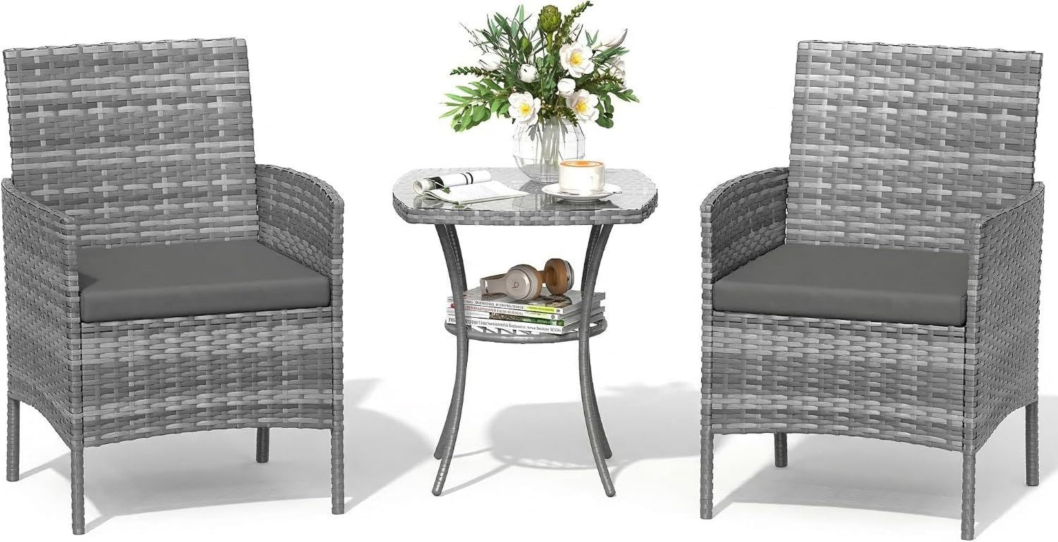 Hochwertige Gartenmoebel Set Balkonmoebel Set kleiner 3 teilig Gartenlounge wetterfest Bistrotisch ausgestattet mit 2 stuehlen Terrassenmoebel geeignet f¨¹r Terrasse Balkon grau Variante 2