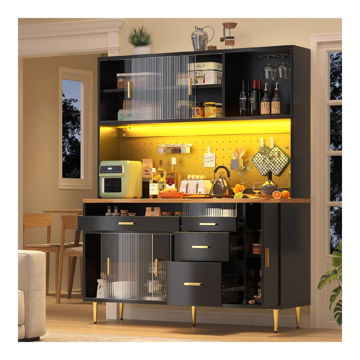 Kuchenschrank Hochschrank mit LED-Beleuchtung und Weinregal Mehrzweckschrank mit Glasschiebeturen Vitrine fur Wohnzimmer und Kuche in Schwarz