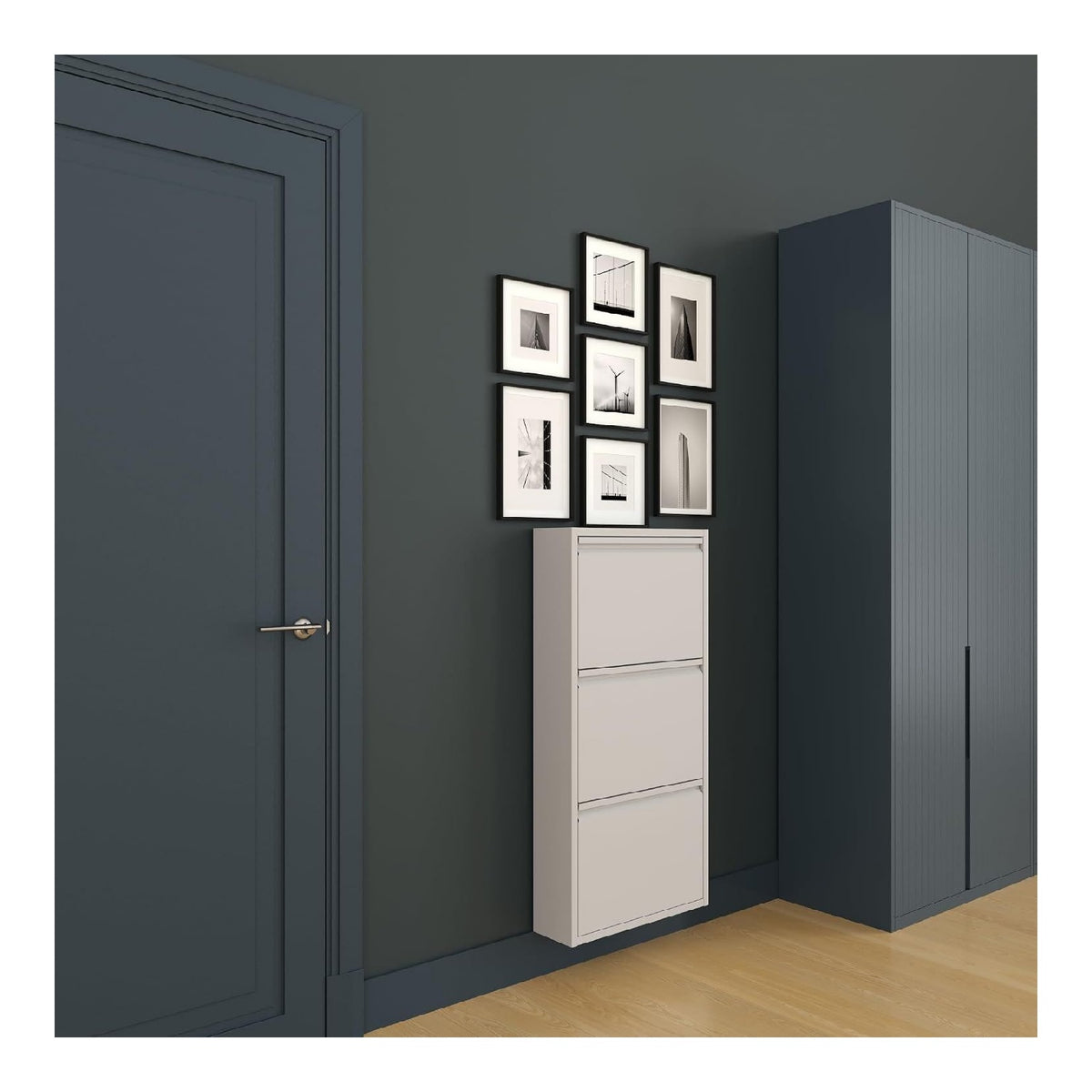 furni24 Schuhschrank Schmal - Platzsparender Metall-Schuhschrank mit Magnetklappen, Platz fur 6-10 Paar Schuhe, Wandmontierbar und Vormontiert - 3 Klappen, Grau