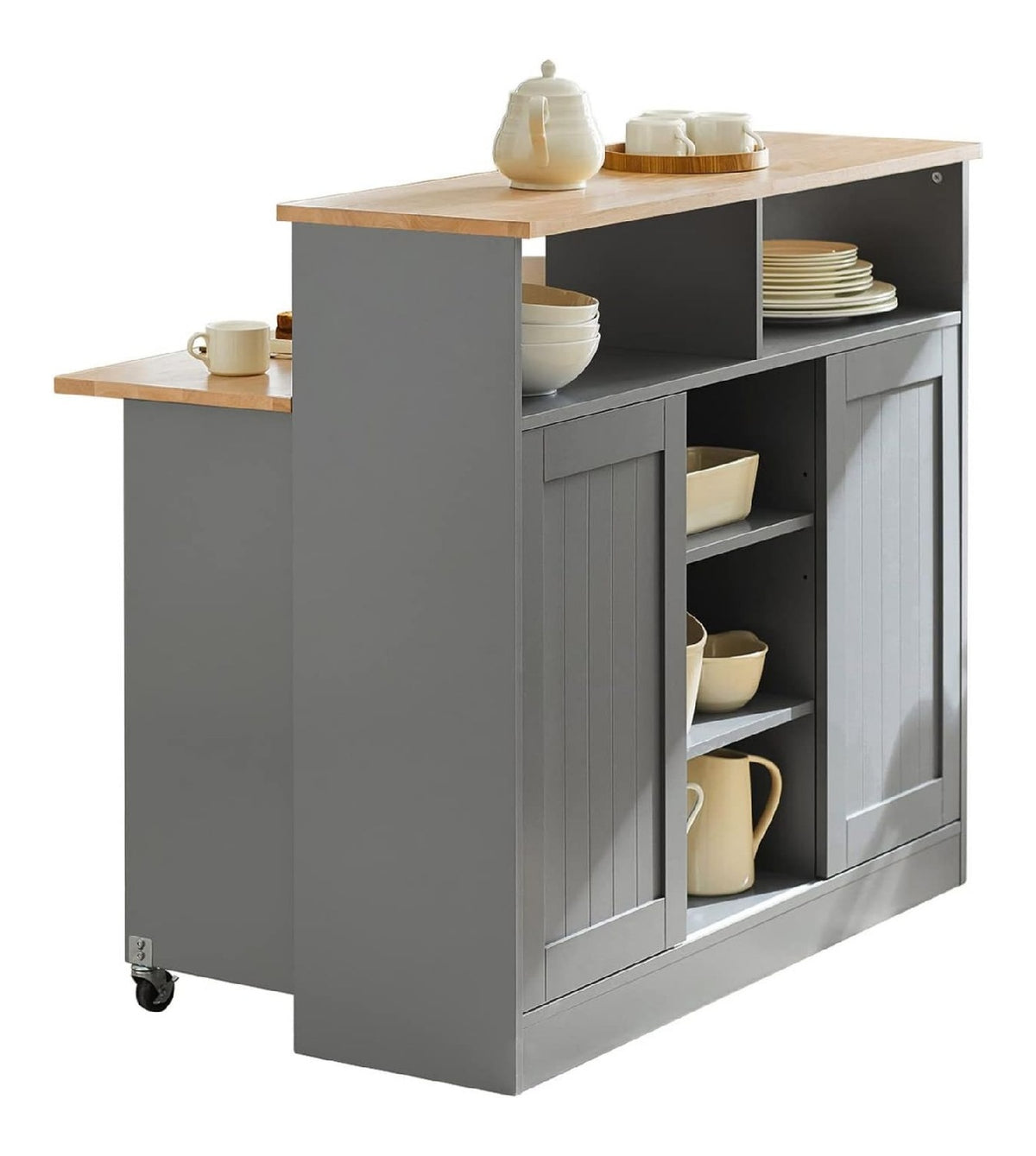 FSB36-HG Sideboard mit Schiebeturen Kucheninsel mit erweiterbarer Arbeitsflache Kuchenschrank Highborad Kommode Schrank hellgrau BHT ca: 110x97x68cm