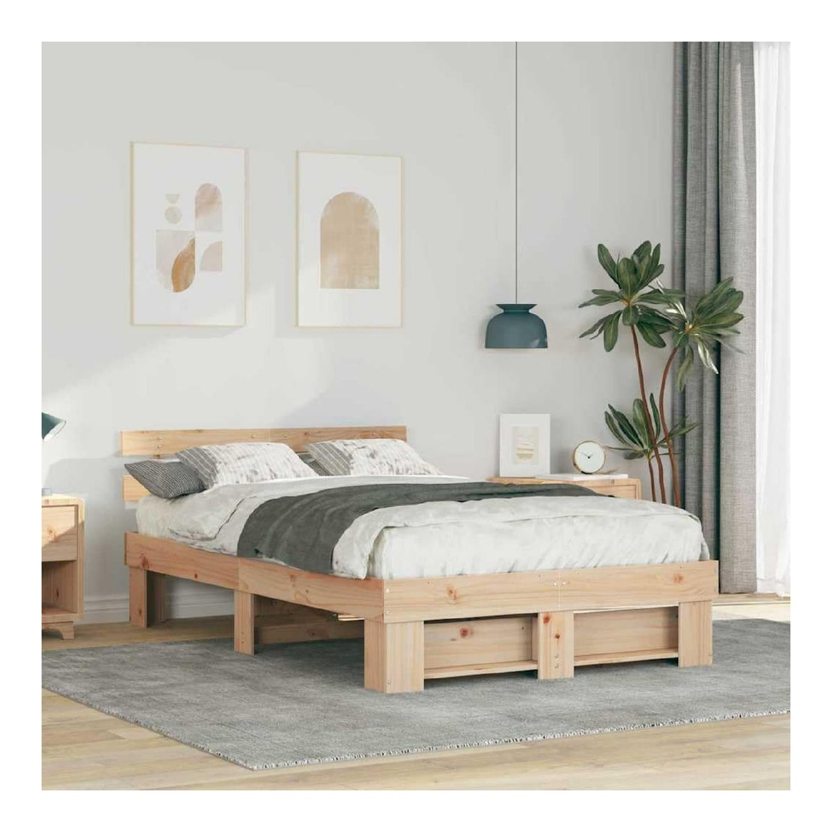 Bettrahmen mit Kopfteil, 120 x 190 cm, Massives Kiefernholz, Braun, stabil, Plattform-Lattenrost, langlebiges Schlafzimmer-Mobel