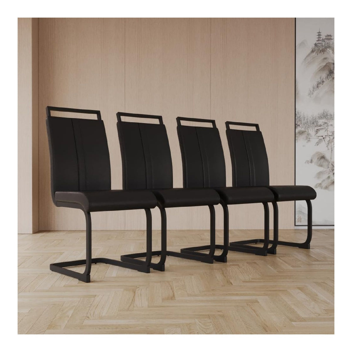 4er Set Esszimmerstuhle Schwarz PU mit C-Metallbeinen & Hochlehne