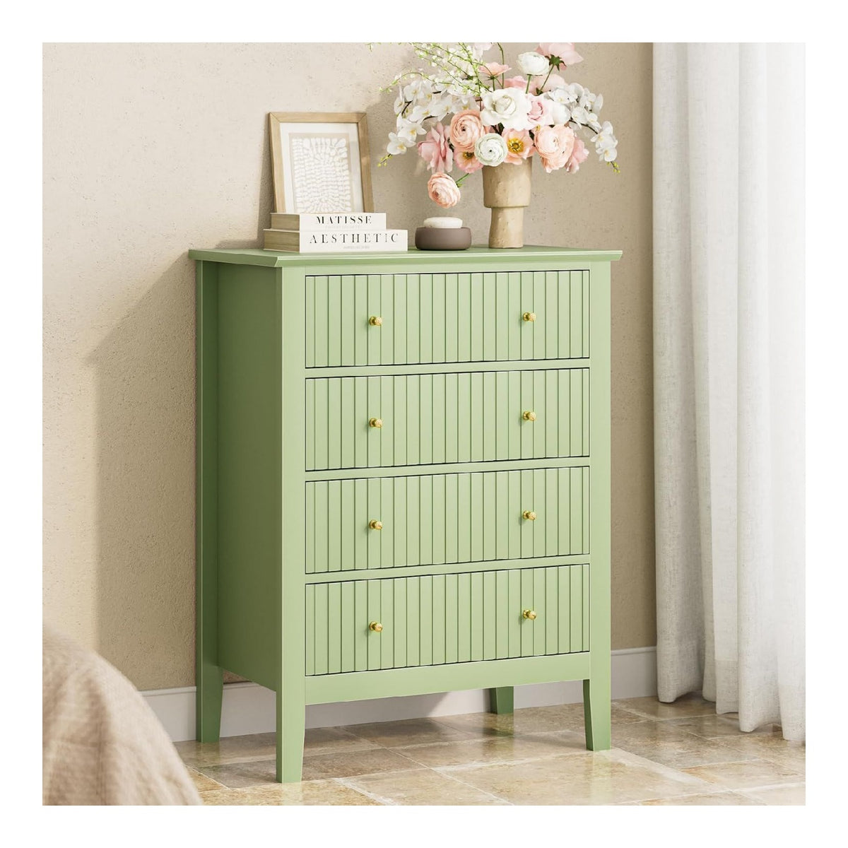Kommode mit 4 Schubladen, Sideboard Holzkommode, Schubladenschrank fur Buro, Wohnzimmer, Schlafzimmer, Kuche, Grun
