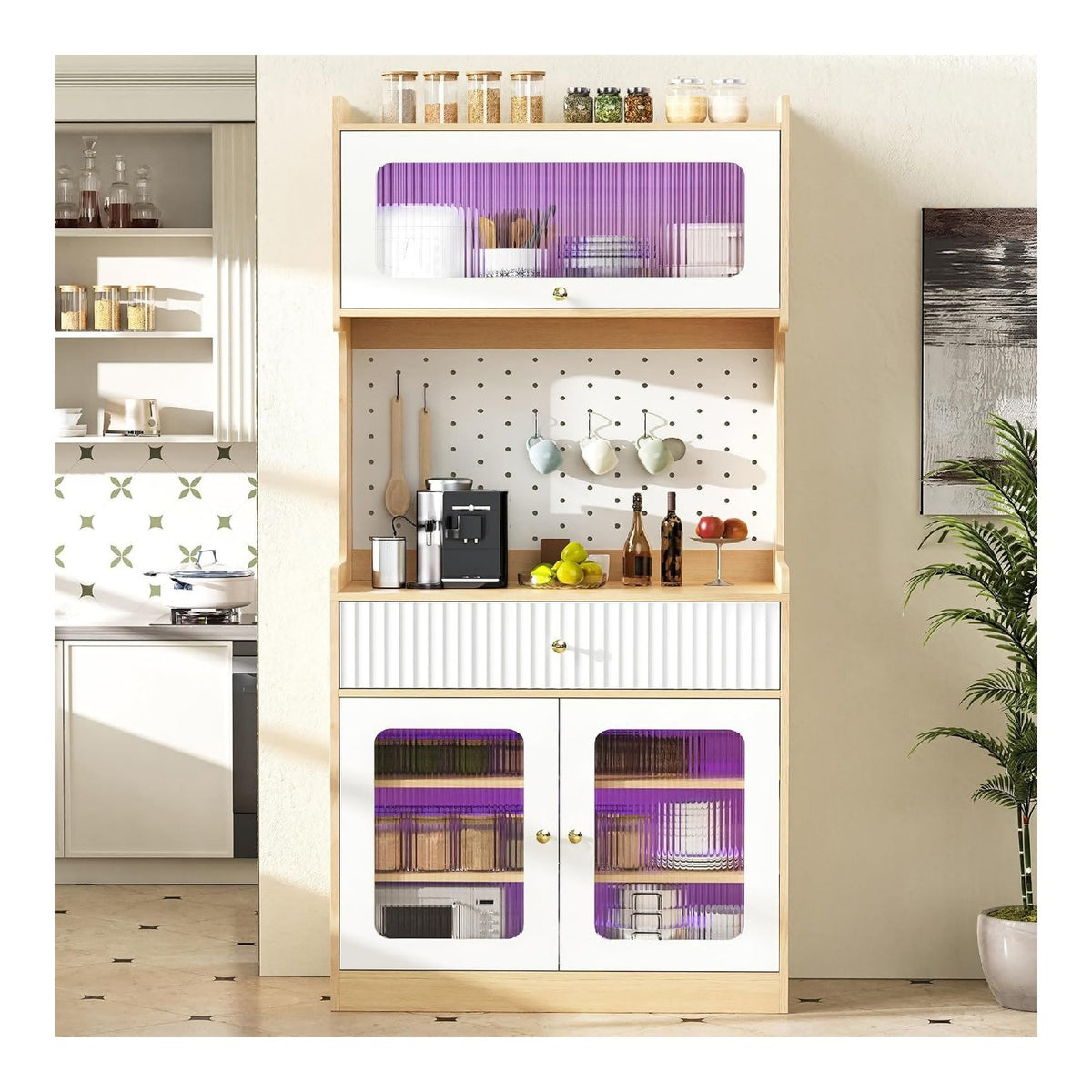 Highboard mit verstellbaren Regalboden und Schubladen, Kuchenschrank mit LED-Beleuchtung und Riffelglas, fur Esszimmer, Wohnzimmer und Kuche (Natur)