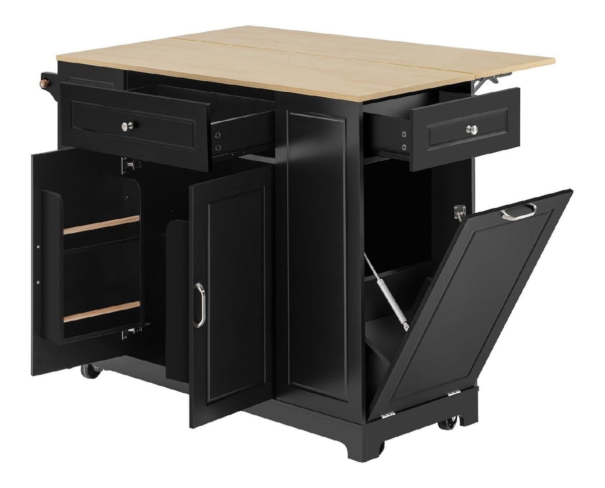 Kucheninsel Kuchenschrank mit Klappbare Arbeitsplatte und Mulltonne, Buffetschrank Kuchenwagen mit Rollen und Schublade, Kuchenbuffet, Kuchenmobel, Schrank Schwarz, 131.8x40-70x93.3 cm