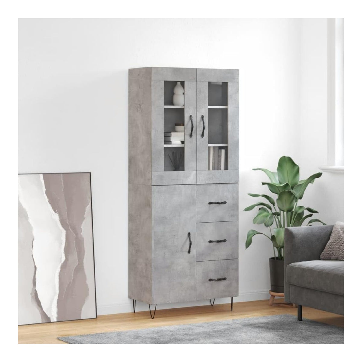 Highboard Betongrau 69,5x34x180 cm, Holzwerkstoff, mit viel Stauraum, Metallfu e, langlebiges Sideboard Buffet Cabinet fur Wohnzimmer, Esszimmer