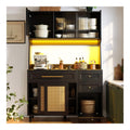 Dolamani Kuchenschrank Buffetschrank 120x45x195.5 cm mit LED mehr Stauraum fur Kuche Wohnzimmer Esszimmer, Buffet Schrank mit Arbeitsplatte, Vitrine mit PE-Rattan Schiebetur (Schwarz)