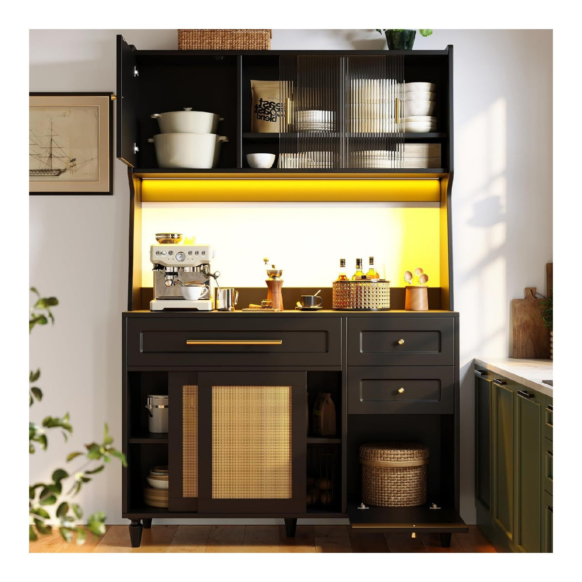 Dolamani Kuchenschrank Buffetschrank 120x45x195.5 cm mit LED mehr Stauraum fur Kuche Wohnzimmer Esszimmer, Buffet Schrank mit Arbeitsplatte, Vitrine mit PE-Rattan Schiebetur (Schwarz)