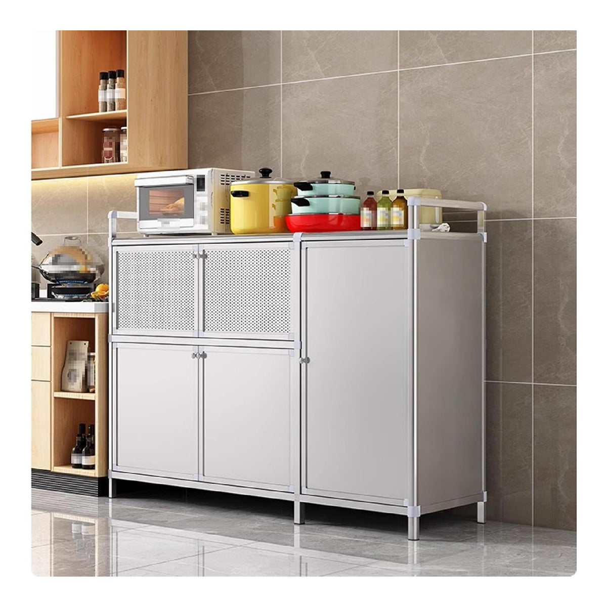 Freistehender Lebensmittelschrank mit Aluminium-Legierung, Schusselschrank fur Kuche, Esszimmer, 5 Turen, 120 x 43 x 92 cm