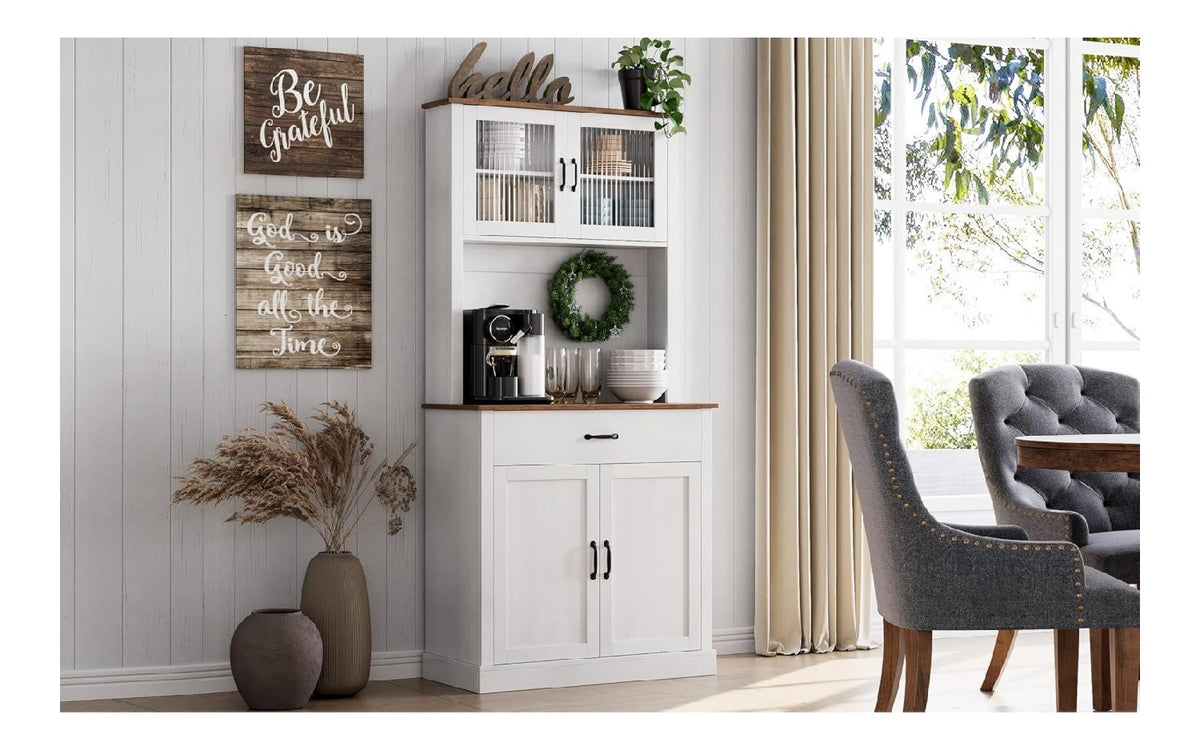 Multifunktionaler Kuchen Vorratsschrank - 180 cm hoch, mit Mikrowellenfach, Turen, Regalen & Glasturen, freistehendes Sideboard - ideal fur Kuche, Esszimmer, Flur & Kaffeeecke - Wei