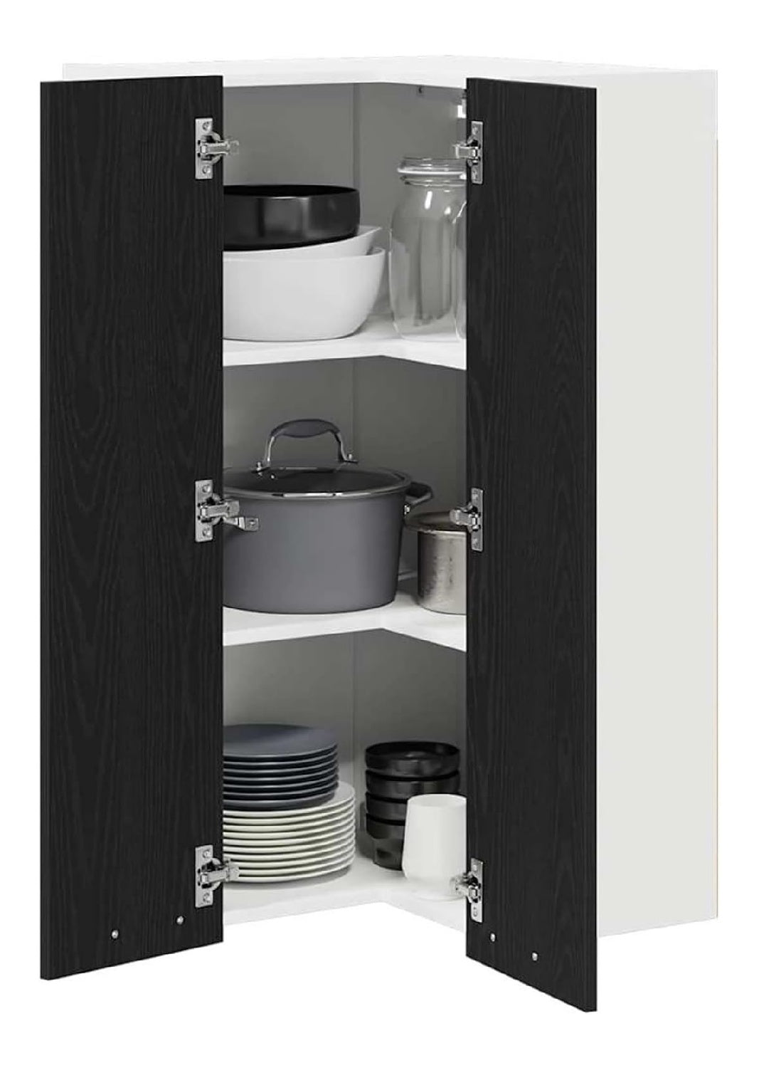 Hangeschrank Kuchenregal Ecke mit 2 Turen, Holzwerkstoff in Schwarz-Eiche/Wei , 57x57x100 cm, moderner Eckschrank fur organisierte Kuche