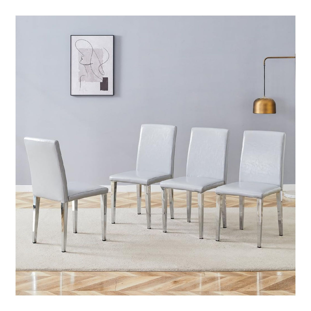 Minimalistische Esszimmerstuhle, 4er Set, Grau-Silber, Heller strukturierter PU-Leder Bezug, Silberfarbene Metallbeine, Fur Esszimmer, Wohnzimmer, 90 cm Hohe, Moderne Einrichtung
