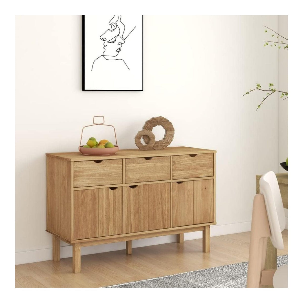 Anrichte fur Esszimmer OTTA Orange 114 x 43 x 73,5 cm mit 3 skandinavischen Turen Klassischer Schrank Stabiler Rahmen Kuchenmobel bietet viel Platz zum Aufbewahren von Zeitschriften, DVD-Buchern