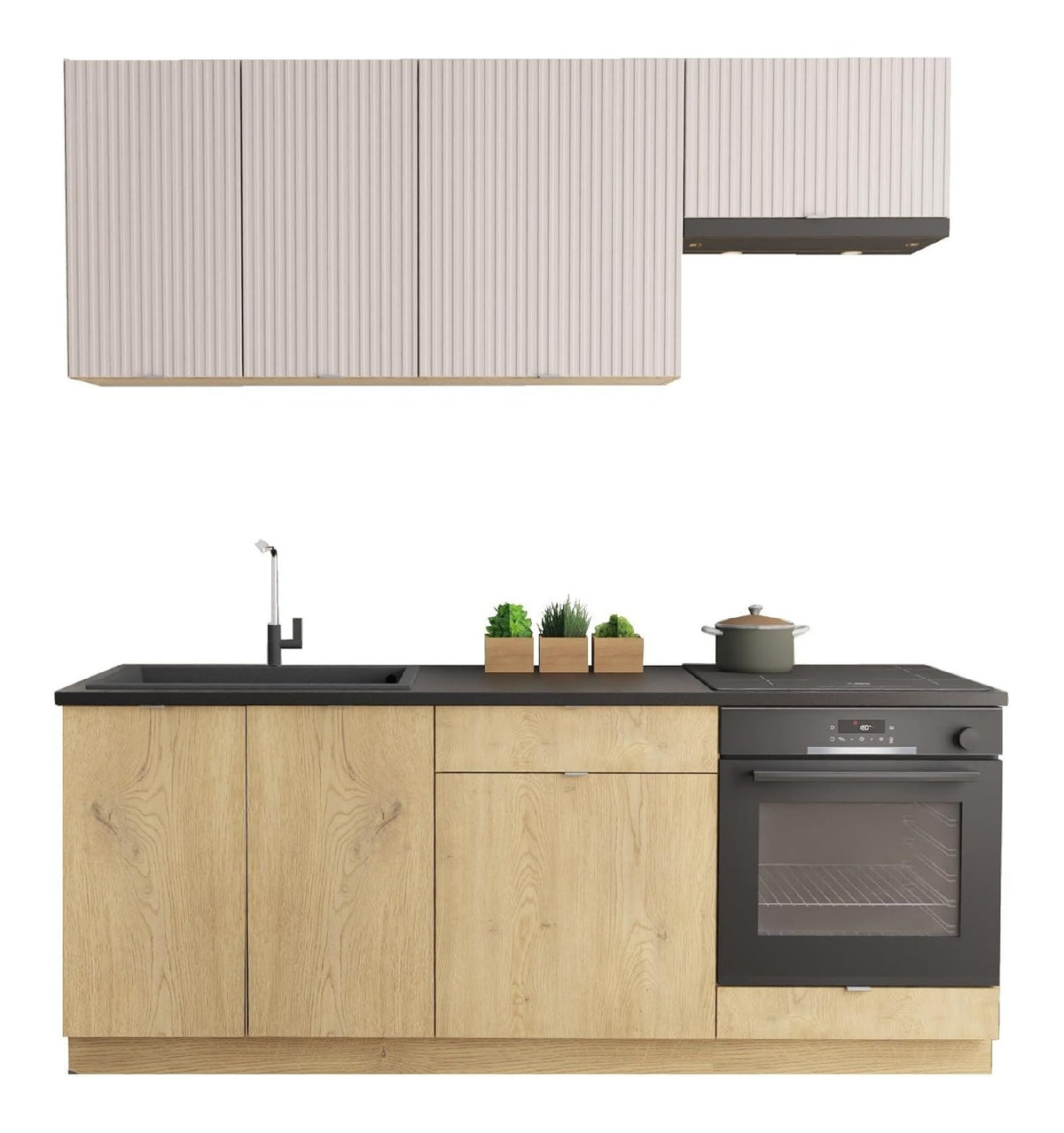 Kuchenset Sofia Kuchenzeile Kuchenmobel Komplett Einbaukuche 200 cm - Eiche Cremona/Beige geriffelt