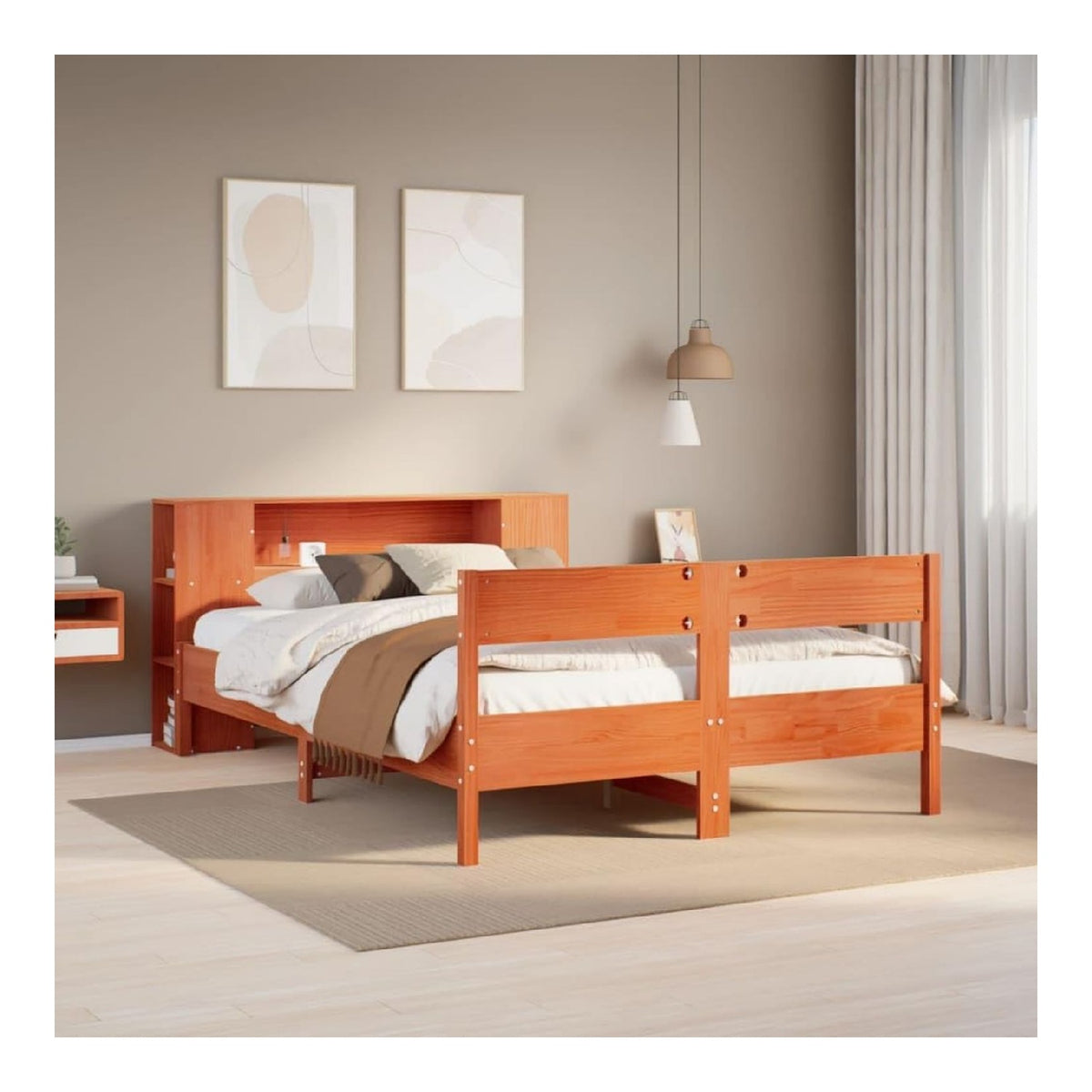 Massivholzbett Kiefernholz Wachsbraun 140x200 cm, Bettrahmen mit Regal Kopfteil, Lattenrost, Stauraum, Schlafzimmermobel, ohne Matratze, stabil & langlebig