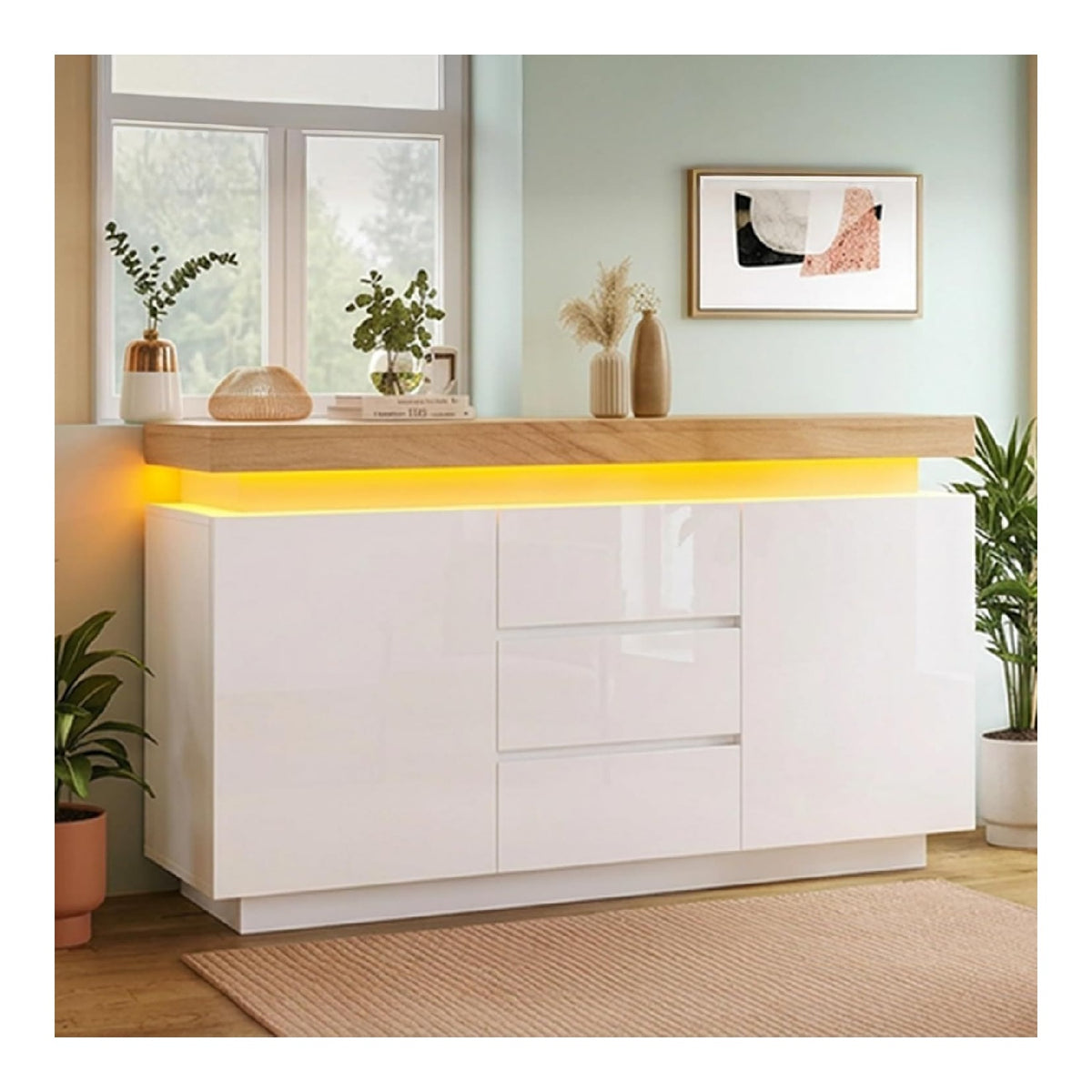 Hochglanz-Sideboard mit LED-Lichtern, App-gesteuerter Schrank mit 2 Turen, 3 Schubladen, moderner Aufbewahrungsschrank fur Wohnzimmer, Schlafzimmer, Esszimmer