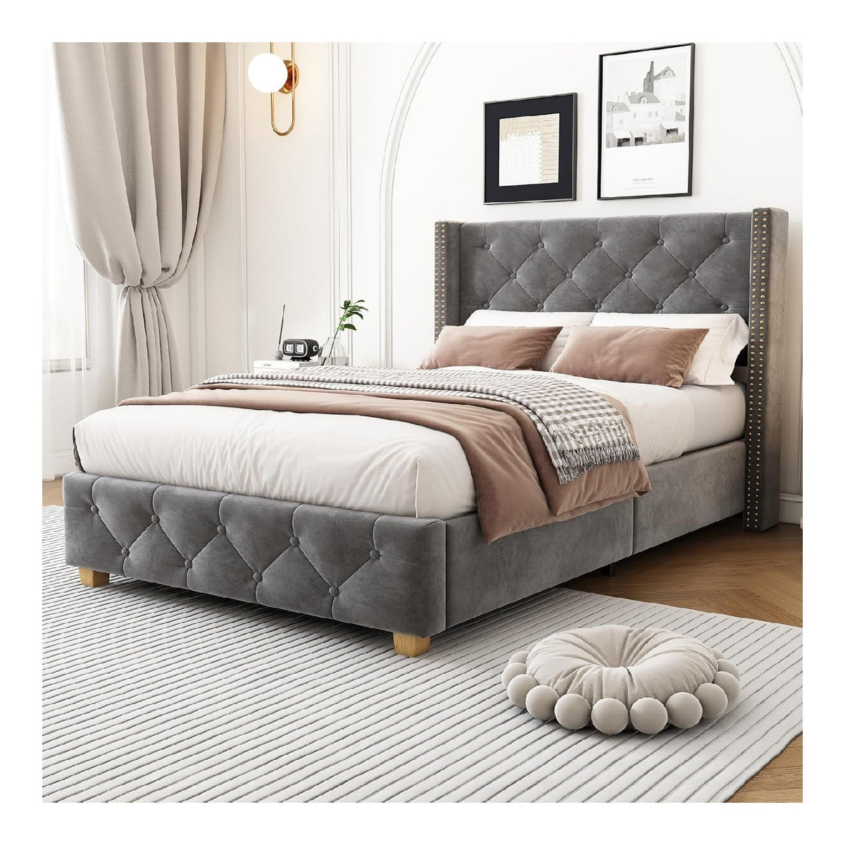 Polsterbett 90x190 cm mit Lattenrost, Knopf-Tufting, Nieten, Samt - Grau (Ohne Matratze)