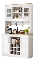 Kuchenbuffet Natur+Wei 106x39x175 cm mit Aufsatz, Buffetschrank mit Glasturen, Weinregal und Hakenleiste, Vorratsschrank fur Kuche, Esszimmer, Wohnzimmer