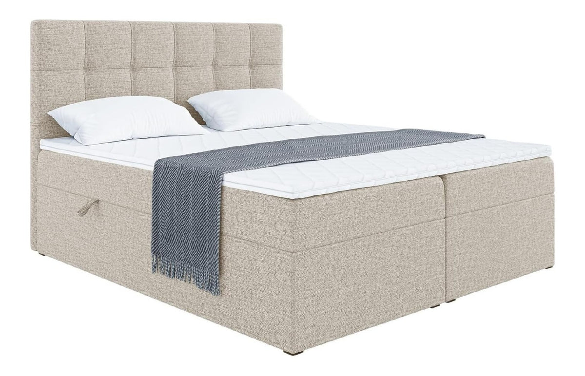 MEBLINI Boxspringbett mit Bettkasten - 160x200 - Gepolstert Doppelbett mit Matratze und Topper - Polsterbett mit Stauraum - Bett mit Kopfteil - Stauraumbett - NILS - H3/Beige Webstoff