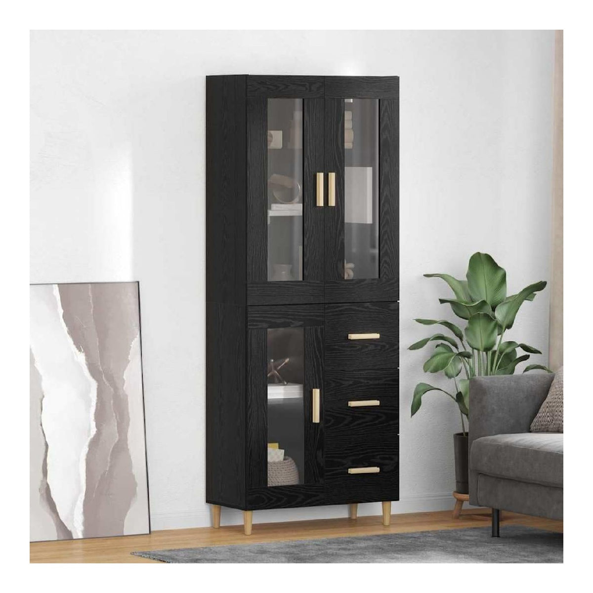 Hochwertiges Sideboard Schwarz Eichen-Optik 69,5 x 34 x 180 cm Holzwerkstoff mit 3 Schubladen, Tur, modernen Griffen, vielseitig im Esszimmer Buro oder Wohnzimmer nutzbar