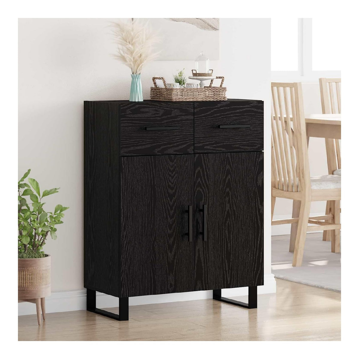 Sideboard Schwarz Eichen-Optik 69,5 x 34 x 90 cm Holzwerkstoff mit 2 Schubladen und 4 Regalen fur Wohnzimmer Essbereich oder Flur Mobel