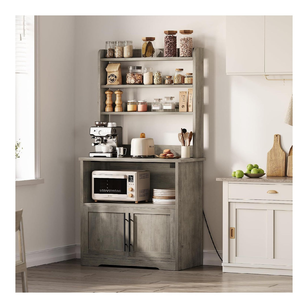 Kompaktes 159 cm Hohes Kuchenregal Mit Mikrowellenhalter Und Integrierter Ladestation, Schrank Und Offenen Ablagen - Holz Kaffeebar-Station Fur Esszimmer Und Wohnzimmer