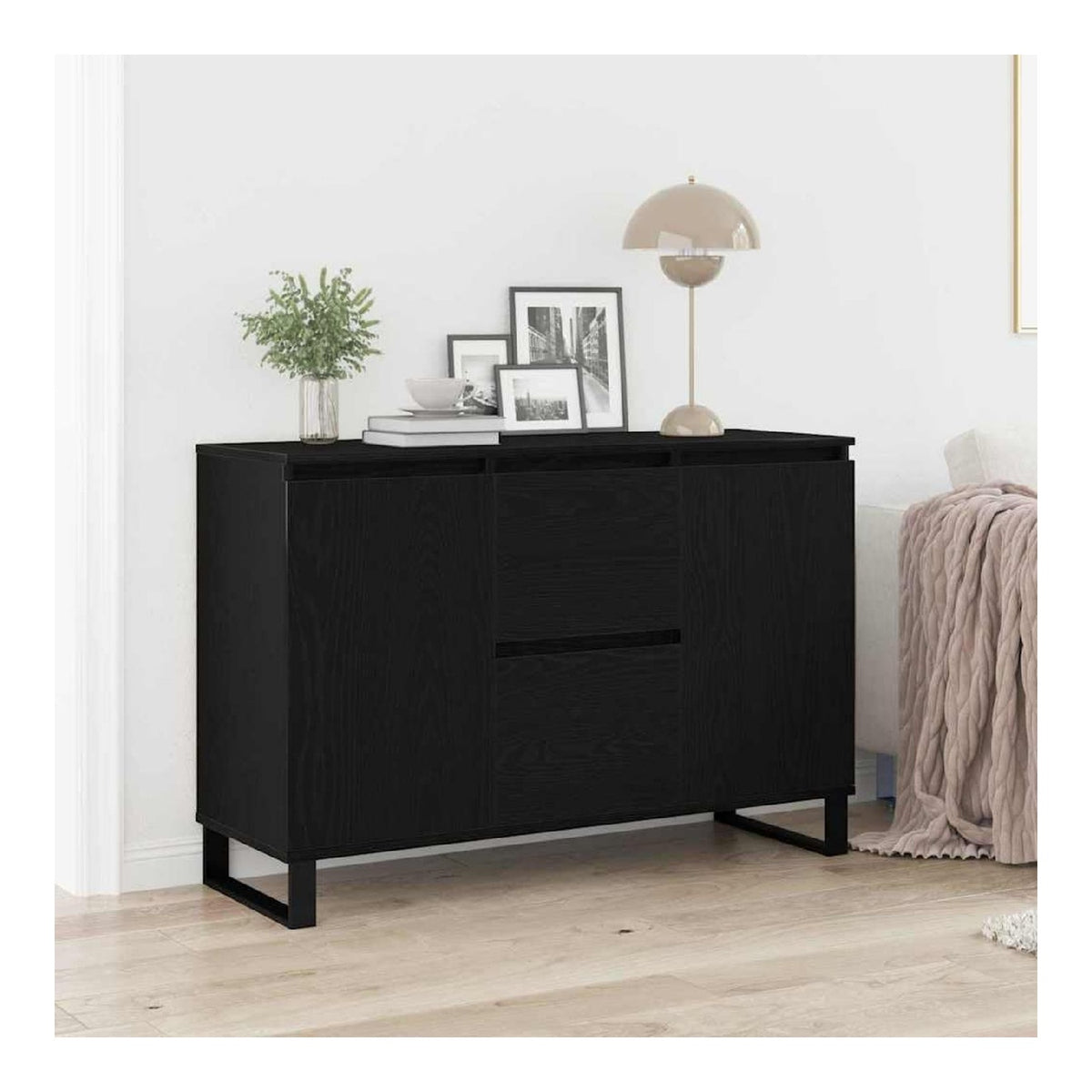 Sideboard Schwarz Eichen-Optik 101,5 x 35 x 70 cm Holzwerkstoff mit Schubladen und Turen fur Wohnzimmer Esszimmer Flur modernes Design
