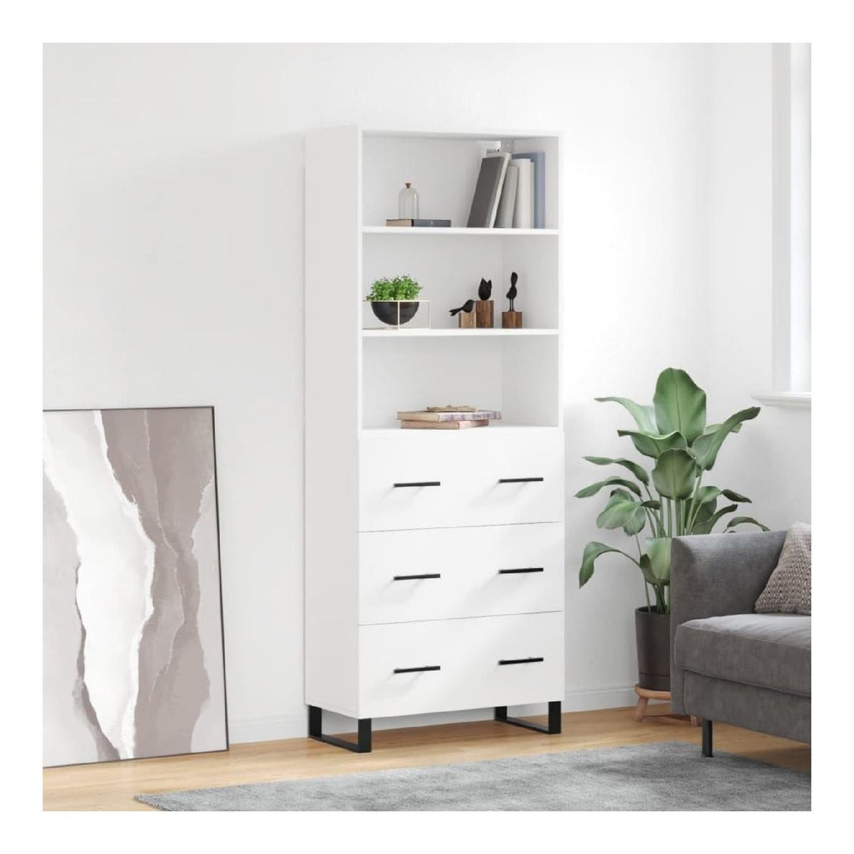Highboard Weiss 69,5x34x180 cm Holzwerkstoff Schrank mit Tueren Stauraum Sideboard Wohnzimmer Schrank Kombination Metallfuesse Moebel Weiss