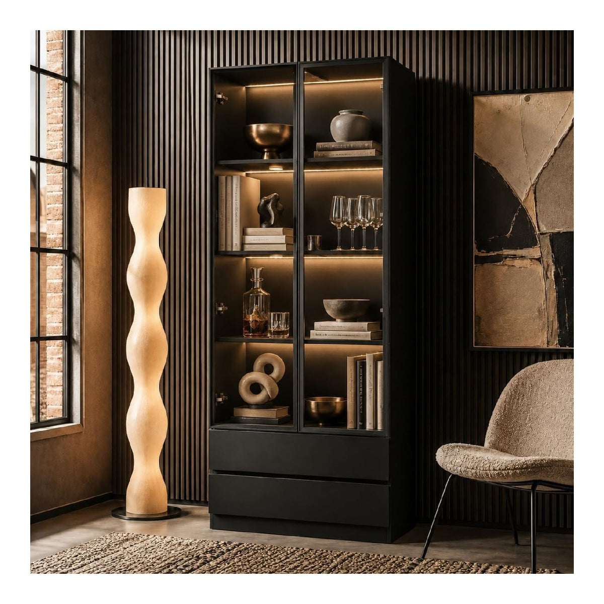 LED Vitrine Schwarz 80x36x200 cm Glasschrank mit 2 Turen